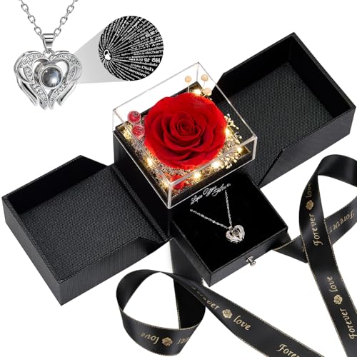 FIACO Gifts for Mom Preserved Real Roses with I Love You Necklace Fresh Forever Flowers Mothers Day Flower Gifts for Women Grandma Anniversary Birthday Gift for Girlfriend Wife Daughter - Image 1