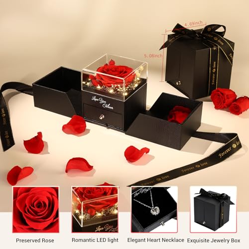 FIACO Gifts for Mom Preserved Real Roses with I Love You Necklace Fresh Forever Flowers Mothers Day Flower Gifts for Women Grandma Anniversary Birthday Gift for Girlfriend Wife Daughter - Image 2