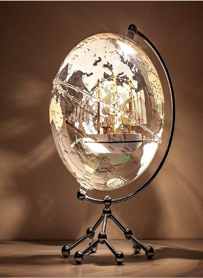 LIVVY - Rotating World Globe with LED Light (إضاءة LED) & Mini Sailboat (قارب شراعي صغير) – Transparent Gold Design (تصميم شفاف ذهبي) | USB Rechargeable (شحن عبر USB) Political Map (خريطة سياسية) with 360° Manual Rotation (دوران يدوي 360 درجة) for Desk, Home, Office & Decor (ديكور، مكتب، منزل) - Image 1