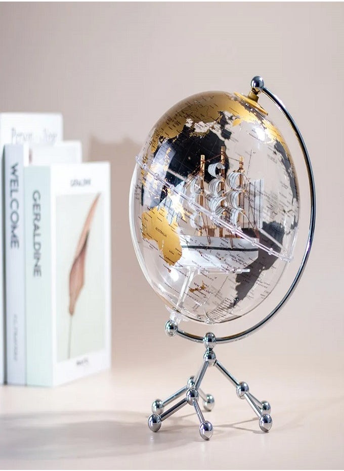 LIVVY - Rotating World Globe with LED Light (إضاءة LED) & Mini Sailboat (قارب شراعي صغير) – Transparent Gold Design (تصميم شفاف ذهبي) | USB Rechargeable (شحن عبر USB) Political Map (خريطة سياسية) with 360° Manual Rotation (دوران يدوي 360 درجة) for Desk, Home, Office & Decor (ديكور، مكتب، منزل) - Image 1