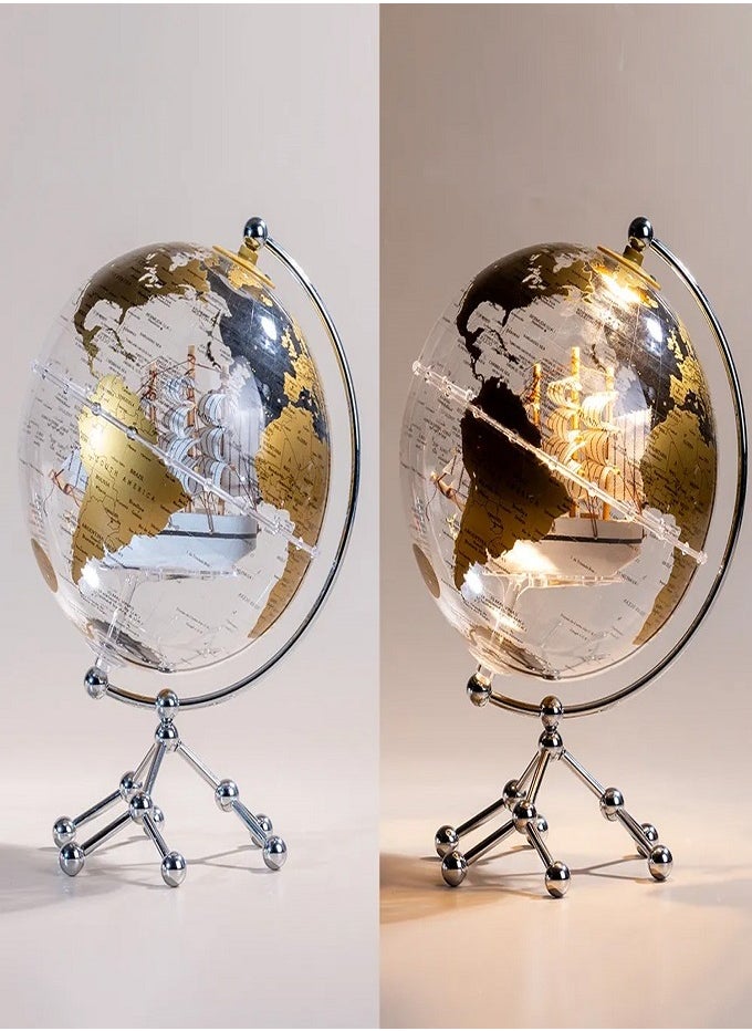 LIVVY - Rotating World Globe with LED Light (إضاءة LED) & Mini Sailboat (قارب شراعي صغير) – Transparent Gold Design (تصميم شفاف ذهبي) | USB Rechargeable (شحن عبر USB) Political Map (خريطة سياسية) with 360° Manual Rotation (دوران يدوي 360 درجة) for Desk, Home, Office & Decor (ديكور، مكتب، منزل) - Image 1
