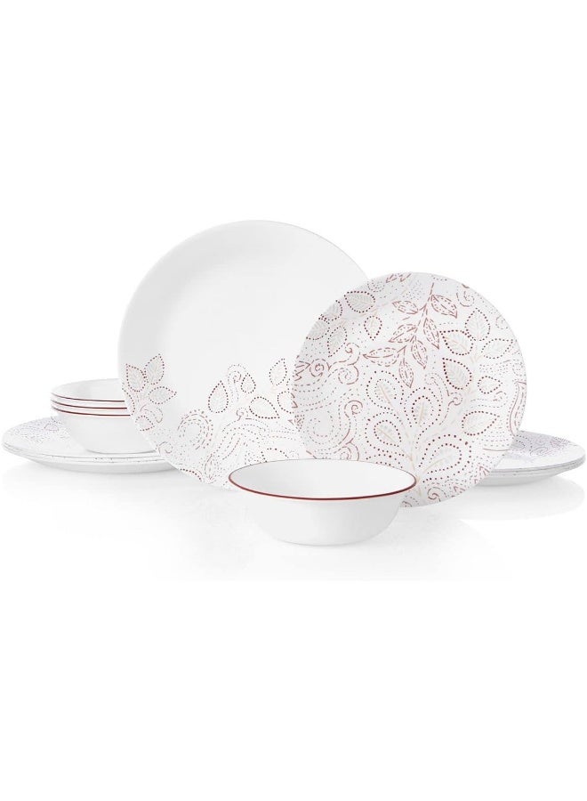 Corelle Leaf Stitch 12-Piece Dinnerware Set, Triple Layer Tempered Glass, Chip & Crack Resistant, Lightweight, Stackable, Dishwasher, Microwave & Preheated-Oven Safe, Service for 4 (12-Piece Set), Includes 4 Dinner Plates, 4 Side Plates & 4 Soup/Cereal Bowls