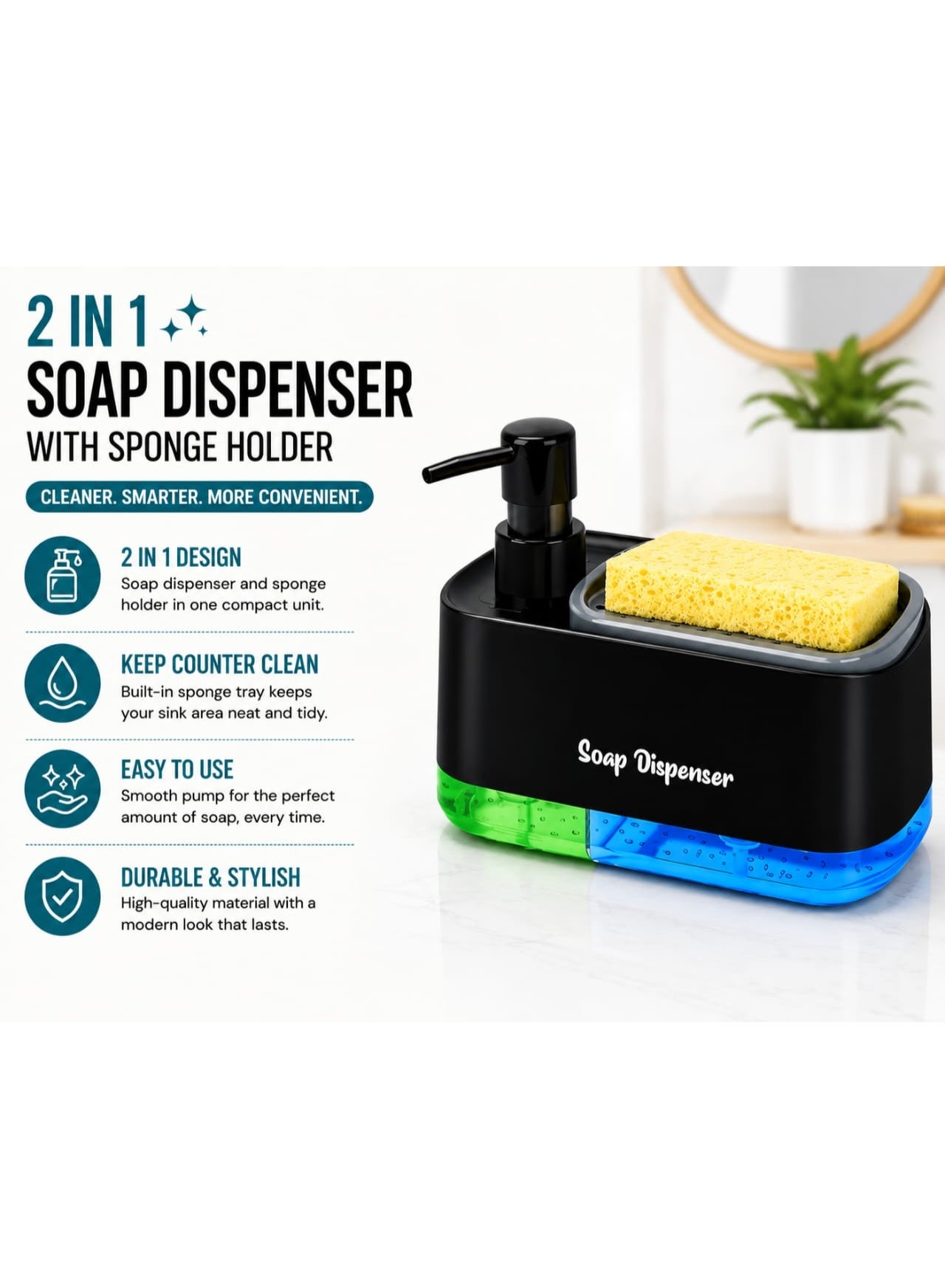 Bestseek 3-in-1 Kitchen Soap Dispenser Set with Sponge Holder, Dual Hand & Dish Soap Pump, Countertop Sink Organizer – Black