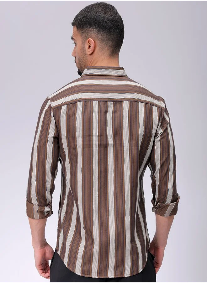 The Indian Garage Co Men Slim Fit Striped Full Sleeves Cutaway Collar Casual Shirt