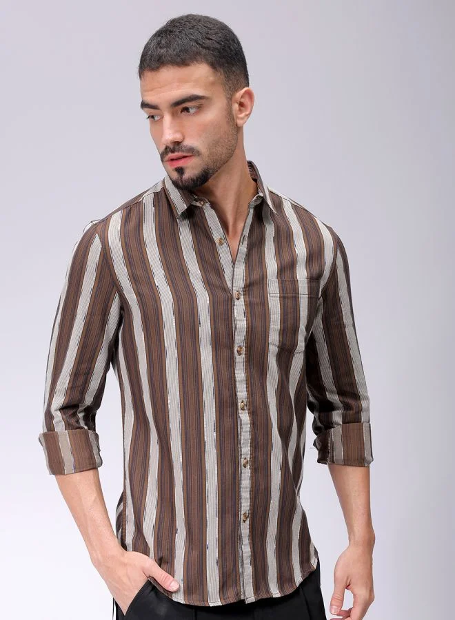 The Indian Garage Co Men Slim Fit Striped Full Sleeves Cutaway Collar Casual Shirt