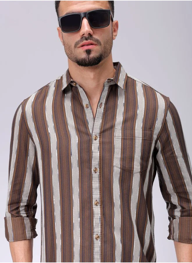 The Indian Garage Co Men Slim Fit Striped Full Sleeves Cutaway Collar Casual Shirt