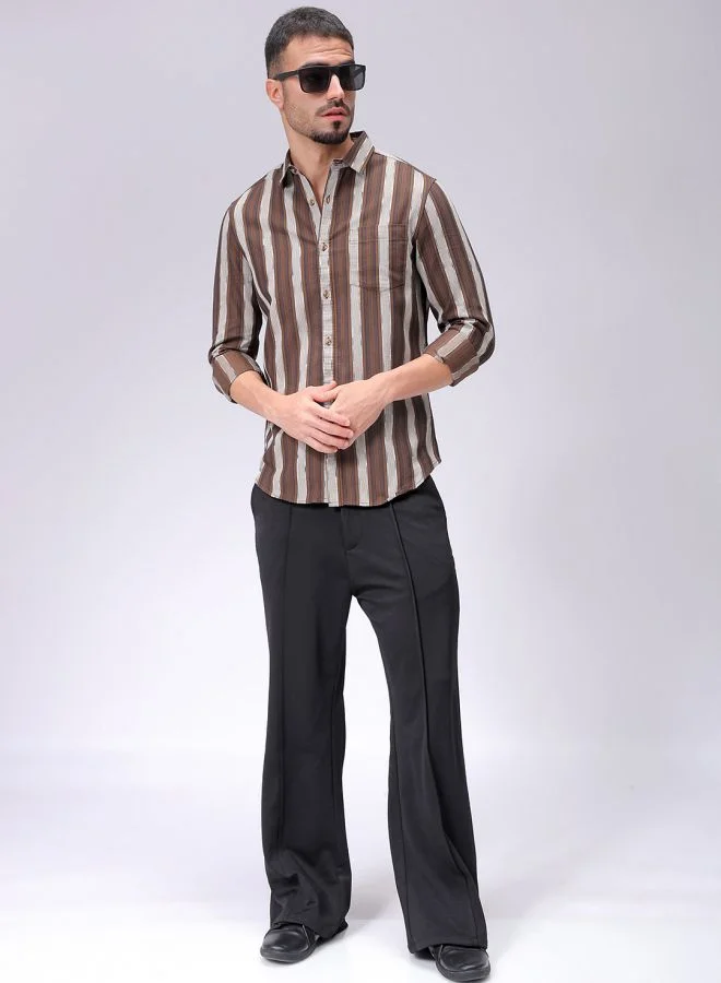 The Indian Garage Co Men Slim Fit Striped Full Sleeves Cutaway Collar Casual Shirt
