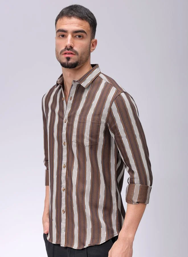 The Indian Garage Co Men Slim Fit Striped Full Sleeves Cutaway Collar Casual Shirt