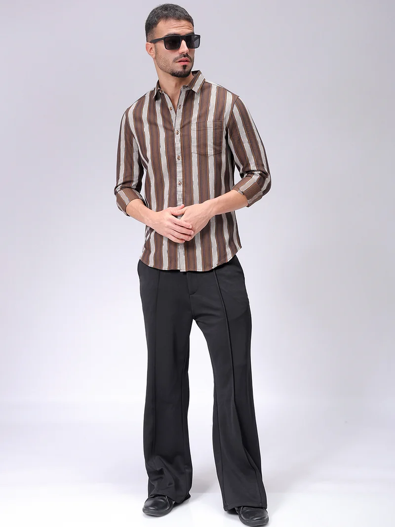 The Indian Garage Co Men Slim Fit Striped Full Sleeves Cutaway Collar Casual Shirt
