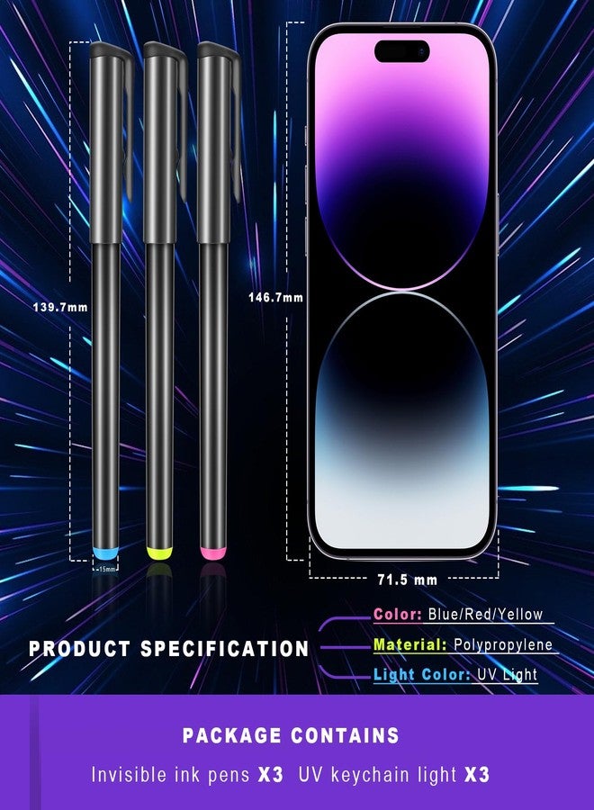 Daemson Invisible Ink Pen, Spy Pen with 3 PCS Mini UV LED Keychain Flashlight, Disappearing Ink Magic Pens with Black Light Markers for Secret Notes, Fit for Christmas Halloween Holiday Gifts (3 PCS) - Image 4