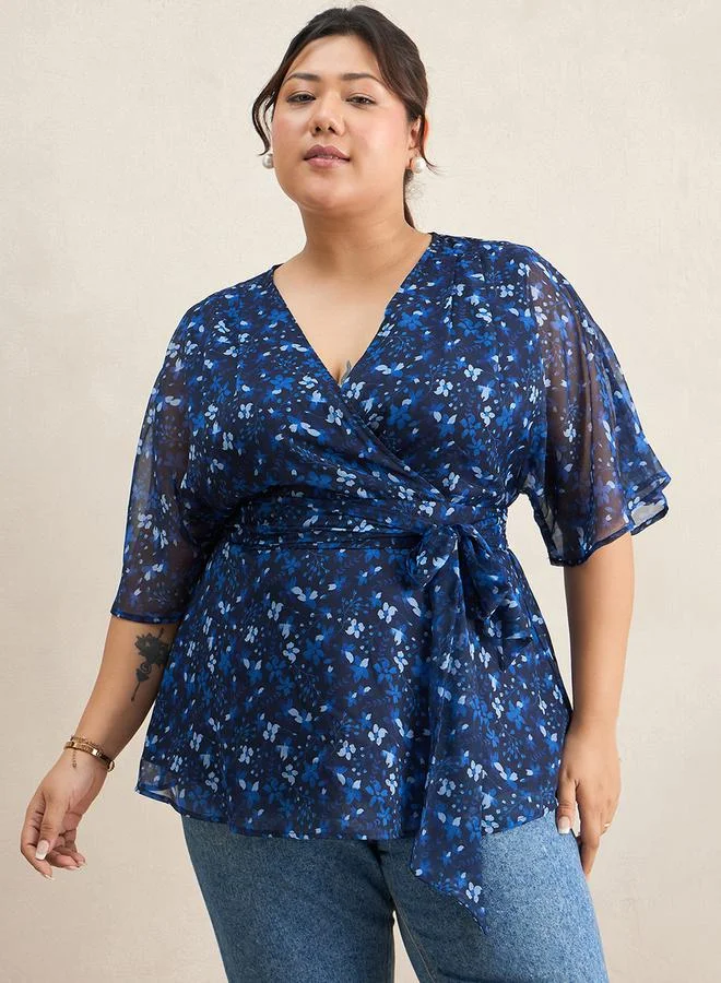 Femmella Femmella Plus Size Floral Print Wrap Top with Tie Detail