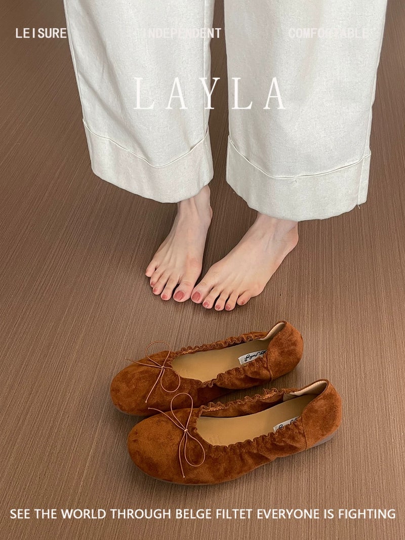 Women's Soft Sole Ballet Flats with Bow - 2026 Spring Autumn New Arrival Suede Round Toe Elegant Versatile Shoes