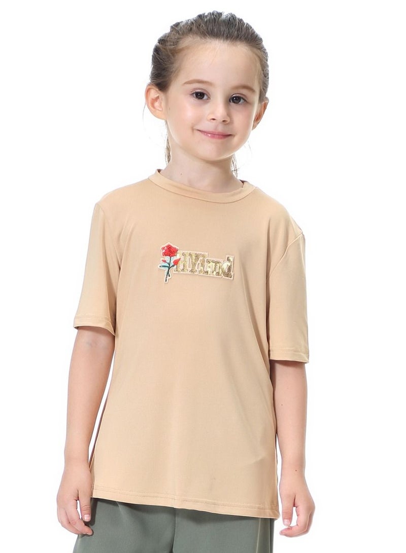 Loquat Girl's Round Neck Short Sleeve T-Shirt Khaki  - Image 1