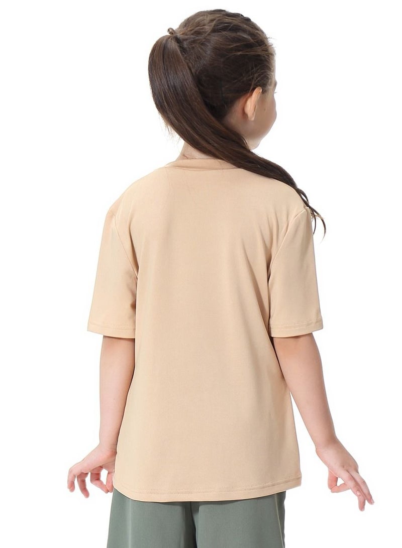 Loquat Girl's Round Neck Short Sleeve T-Shirt Khaki  - Image 3