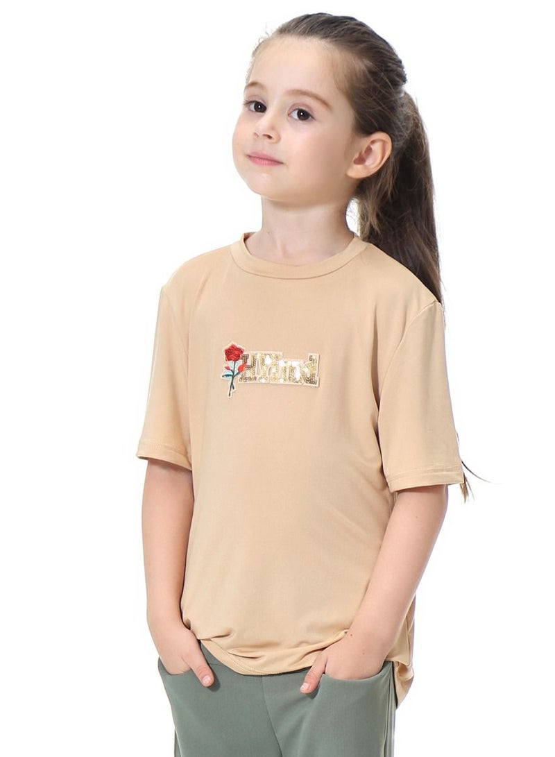 Loquat Girl's Round Neck Short Sleeve T-Shirt Khaki  - Image 2