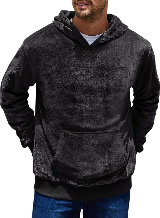 Runcati Mens Fuzzy Sherpa Pullover Hoodie Sweatshirts Long Sleeve Kangoo Pocket Winter Fall Outwear Hooded Black - Image 2