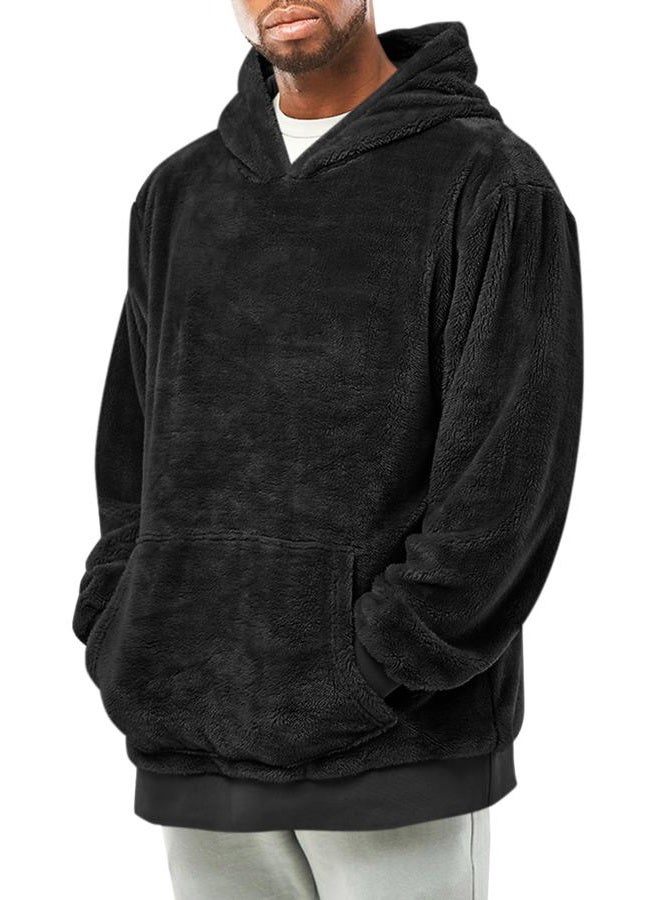 Runcati Mens Fuzzy Sherpa Pullover Hoodie Sweatshirts Long Sleeve Kangoo Pocket Winter Fall Outwear Hooded Black - Image 1