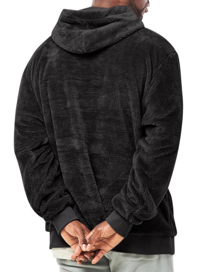 Runcati Mens Fuzzy Sherpa Pullover Hoodie Sweatshirts Long Sleeve Kangoo Pocket Winter Fall Outwear Hooded Black - Image 3