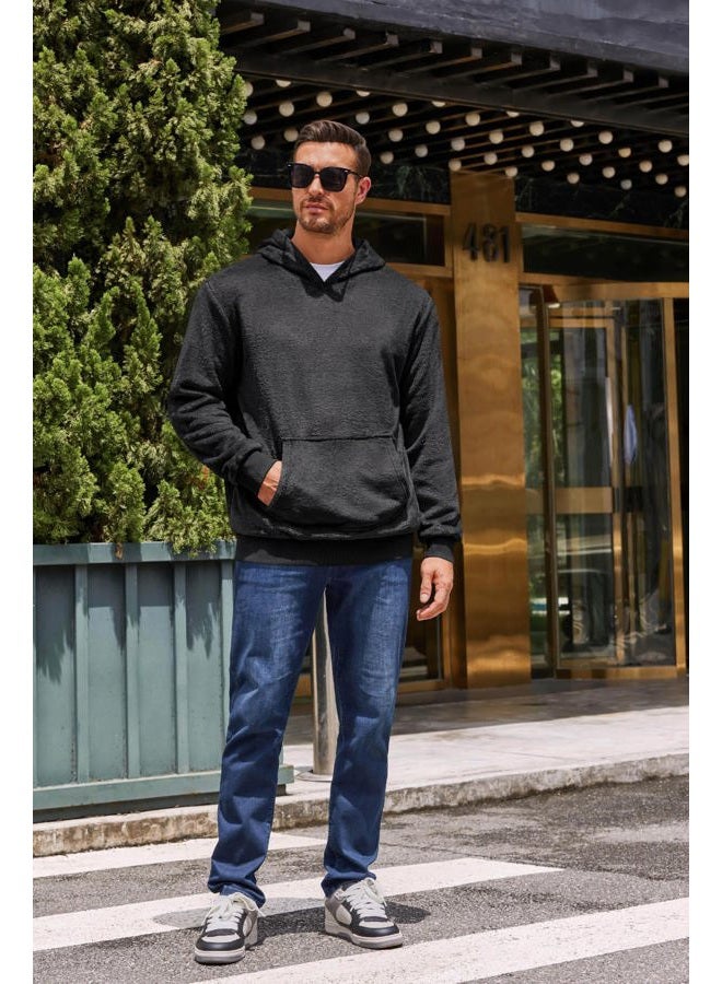 Runcati Mens Fuzzy Sherpa Pullover Hoodie Sweatshirts Long Sleeve Kangoo Pocket Winter Fall Outwear Hooded Black - Image 4