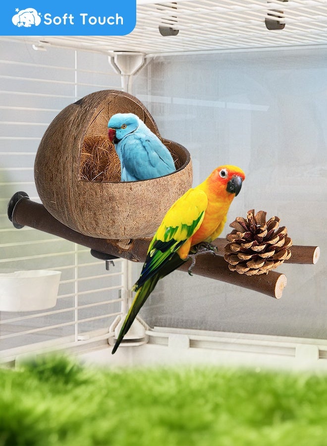 Soft Touch Natural Coconut Shell Bird Nest Bird Cage Bird House with Pine Cone Decoration Comfortable Parakeet Nesting Box for Small Bird Love Birds Parakeet - Image 1