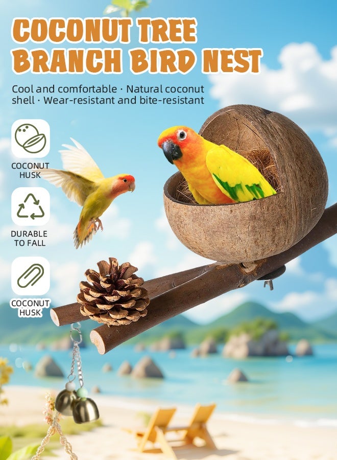 Soft Touch Natural Coconut Shell Bird Nest Bird Cage Bird House with Pine Cone Decoration Comfortable Parakeet Nesting Box for Small Bird Love Birds Parakeet - Image 3