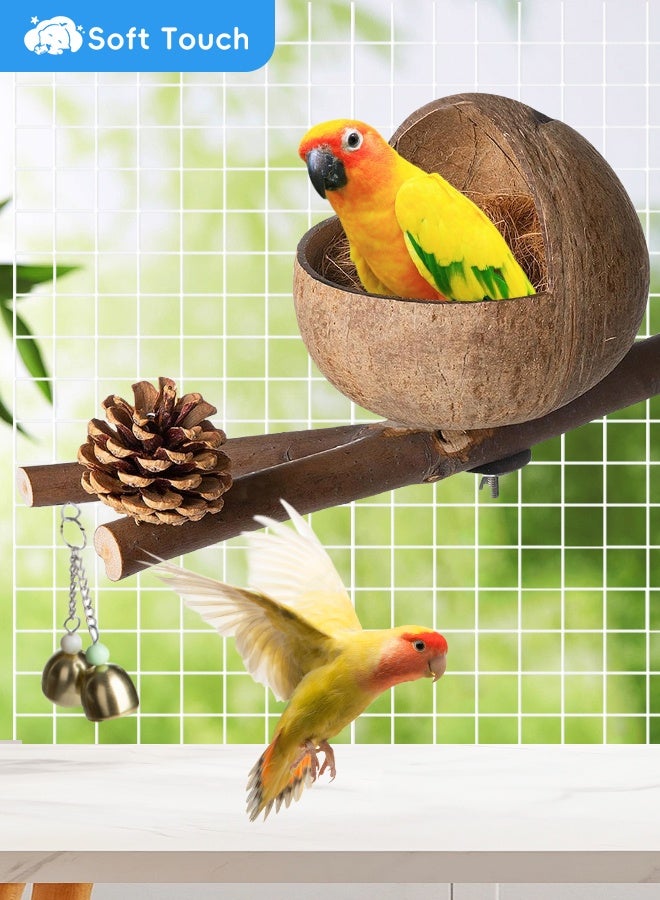 Soft Touch Natural Coconut Shell Bird Nest Bird Cage Bird House with Pine Cone Decoration Comfortable Parakeet Nesting Box for Small Bird Love Birds Parakeet - Image 2