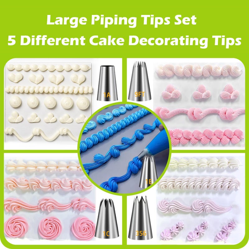 Suuker Large Piping Tips Set, Seamless Stainless Steel Cake Decorating Tips, 5 Pieces Frosting Icing Tips for Cake Decorating, Cupcakes, Cookie (1A 1E 1C 9FT 356) - Image 4
