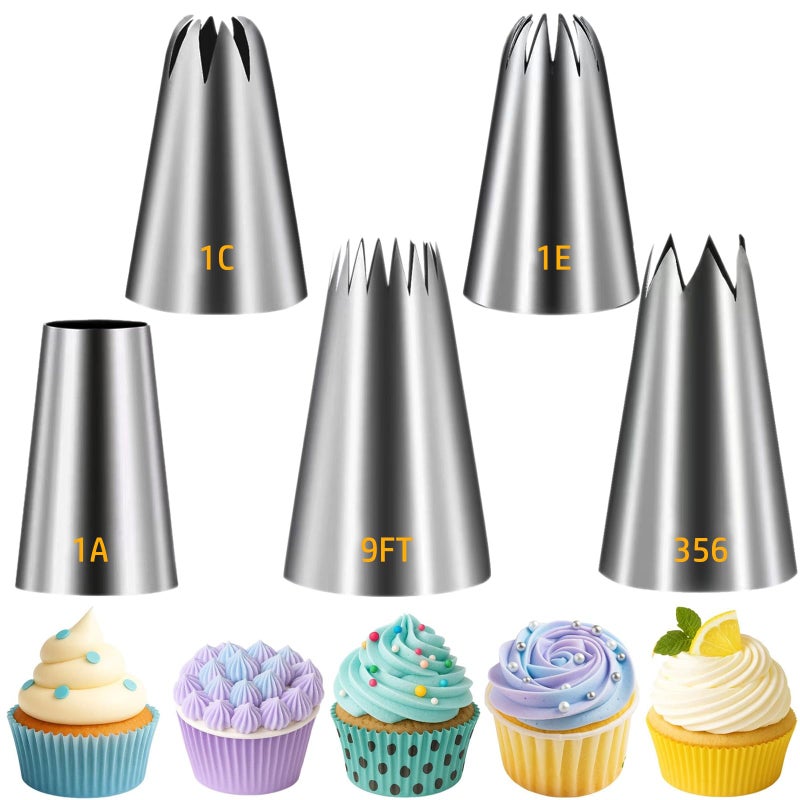 Suuker Large Piping Tips Set, Seamless Stainless Steel Cake Decorating Tips, 5 Pieces Frosting Icing Tips for Cake Decorating, Cupcakes, Cookie (1A 1E 1C 9FT 356) - Image 1