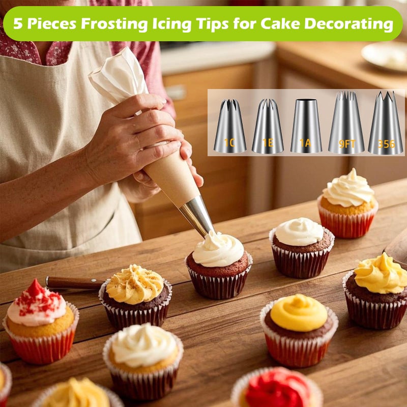 Suuker Large Piping Tips Set, Seamless Stainless Steel Cake Decorating Tips, 5 Pieces Frosting Icing Tips for Cake Decorating, Cupcakes, Cookie (1A 1E 1C 9FT 356) - Image 2