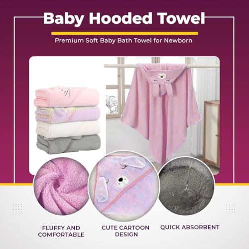 SAFE-O-KID Baby Cute Cartoon Face Hooded Bath Towel, Soft Absorbent Cotton Bath Towel for Kids 0 to 6 Years- Pink - Image 3