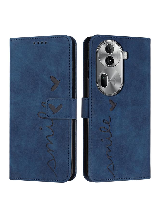 Green Tiger For OPPO Reno11 Pro Global Skin Feel Heart Embossed Leather Phone Case with Long Lanyard(Blue)