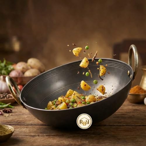 RBY 3 Litre (11 inch / 28 cm) Iron Kadhai Loha Kadai Frypan Wok Smooth Edges Riveted Handles Even Cooking Metal Spoon Friendly Dishwasher Safe Gas and Induction Friendly - Image 2