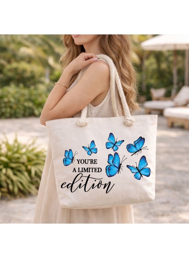 We Print, Your Gift Butterfly Motivational Beach Tote Bag for Women - Heavy Cotton Fabric - Gold Zipper - Inner Pocket - Lined Interior - Shoulder Bag for Beach Travel Work - 47 x 37 cm - Image 2