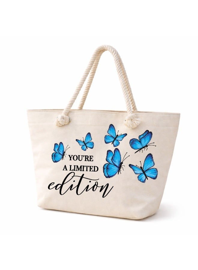 We Print, Your Gift Butterfly Motivational Beach Tote Bag for Women - Heavy Cotton Fabric - Gold Zipper - Inner Pocket - Lined Interior - Shoulder Bag for Beach Travel Work - 47 x 37 cm - Image 1