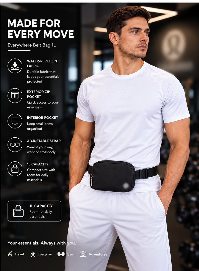 حقيبة Everywhere Belt Bag سعة 1 لتر – حقيبة خصر وكروس بودي من النايلون المقاوم للماء مع جيوب خارجية وداخلية بسحاب وحزام قابل للتعديل – أسود - Image 5
