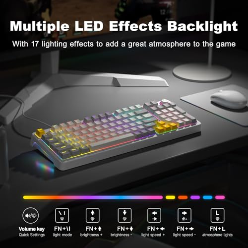 GEEZER AK96 Mechanical Gaming Keyboard, Pre-Lubed Red Switches, 96 Keys Full Size with LED Colorful Backlit, Clicky Creamy Sound, USB Wired Computer Keyboard with Volume Knob for PC, Mac, Windows - Image 3