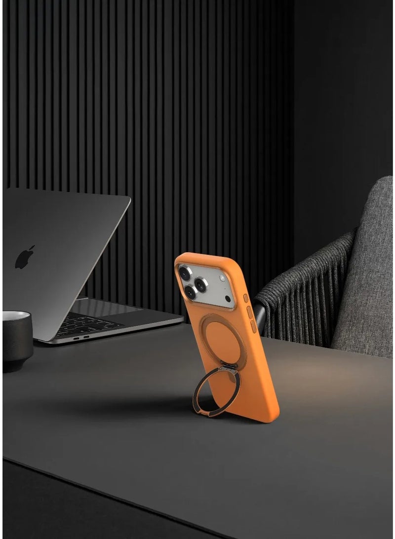 LEVELO Iris Pro MagSafe Liquid Silicone Case for iPhone 17 Pro with Kickstand & Premium Silicone Grip / Shock-Resistant Bumper / Aluminum Alloy Frame for Camera & Buttons / Strong Magnets - Orange - Image 3