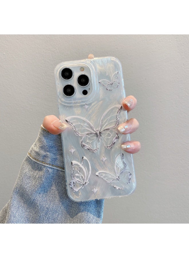 NIBEMINENT Laser Shell Pattern Protective TPU Case Cover For iPhone 15 Plus, Silver Butterfly