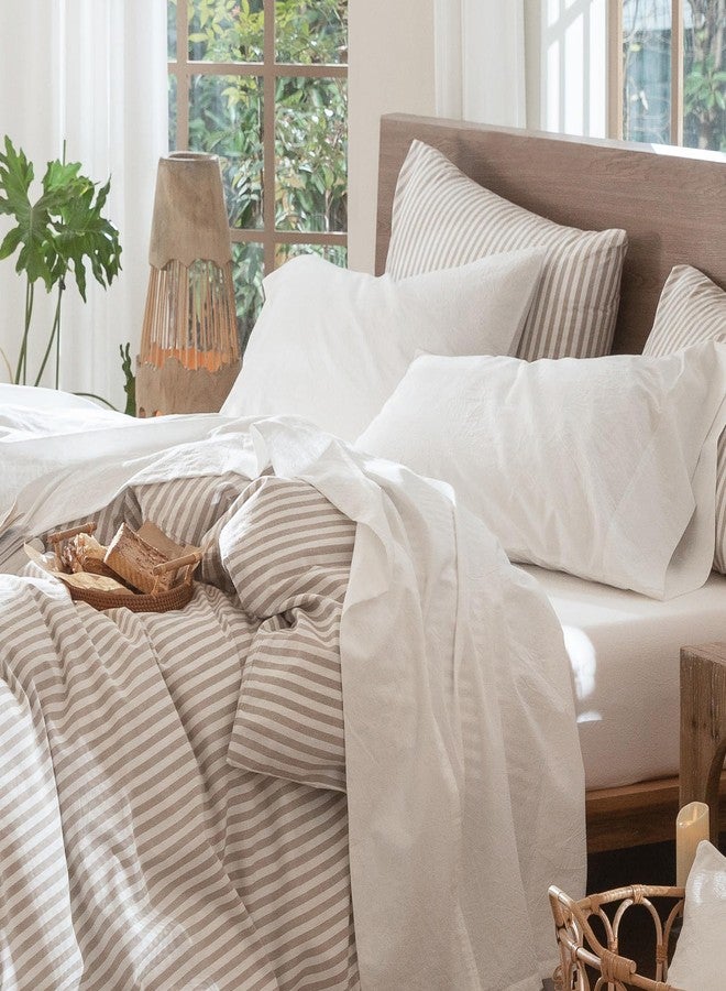 MooMee Bedding Sheet Set 100% Washed Cotton Linen Like Textured Breathable Durable Soft Comfy (Solid Off White, California King) - Image 1