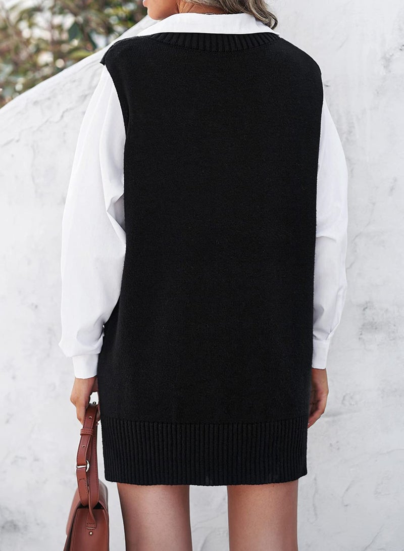 EVALESS Womens V Neck Sweater Vest Sleeveless Black Knit Sweaters for Women Fall Spring 2025 Solid Color Irregular Hem Loose Pullover Sweater Medium - Image 4