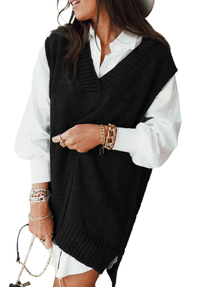 EVALESS Womens V Neck Sweater Vest Sleeveless Black Knit Sweaters for Women Fall Spring 2025 Solid Color Irregular Hem Loose Pullover Sweater Medium - Image 1