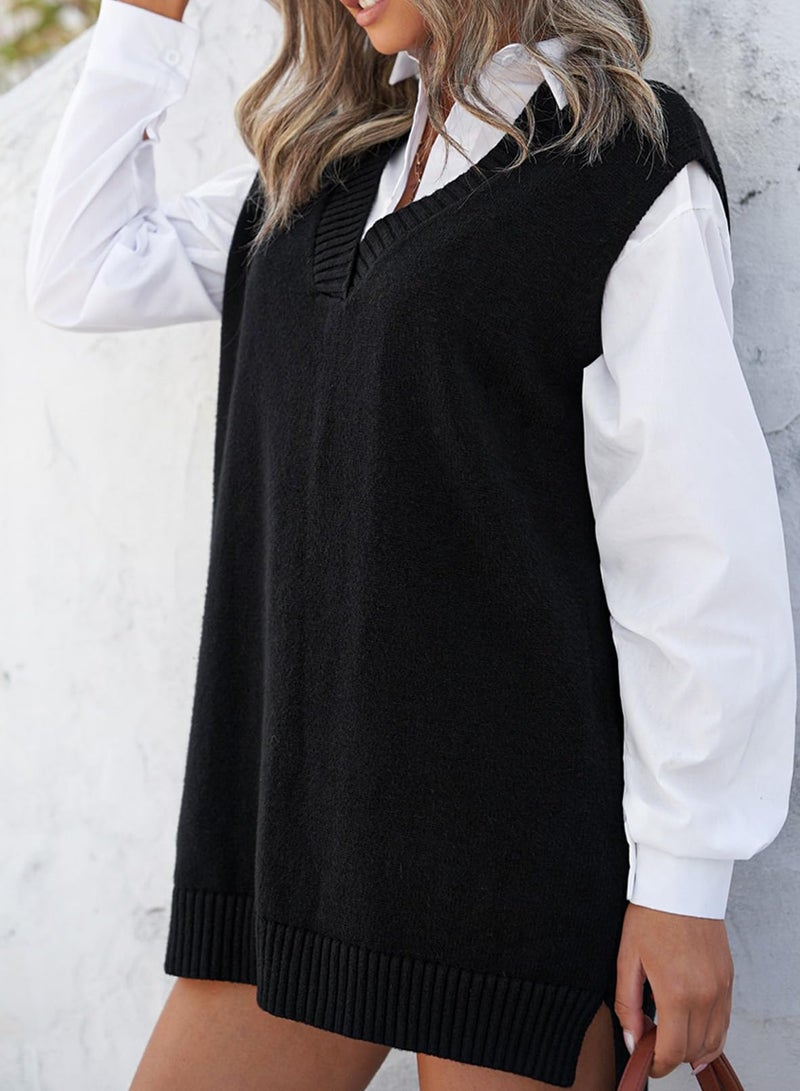 EVALESS Womens V Neck Sweater Vest Sleeveless Black Knit Sweaters for Women Fall Spring 2025 Solid Color Irregular Hem Loose Pullover Sweater Medium - Image 3