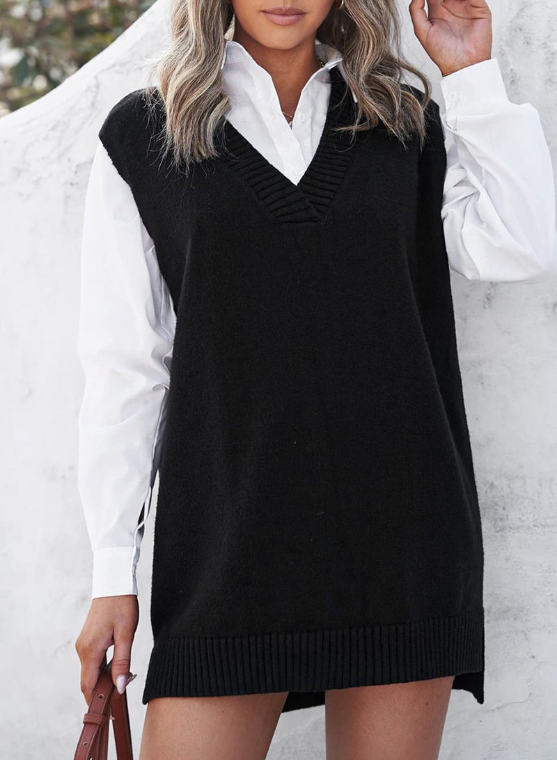 EVALESS Womens V Neck Sweater Vest Sleeveless Black Knit Sweaters for Women Fall Spring 2025 Solid Color Irregular Hem Loose Pullover Sweater Medium - Image 2