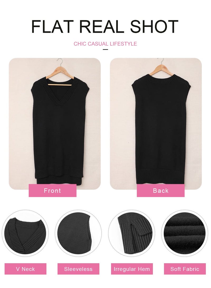 EVALESS Womens V Neck Sweater Vest Sleeveless Black Knit Sweaters for Women Fall Spring 2025 Solid Color Irregular Hem Loose Pullover Sweater Medium - Image 5