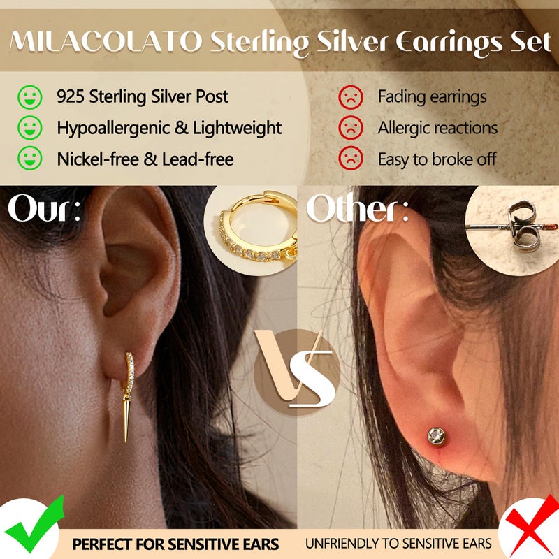 MILACOLATO 925 Sterling Silver Earrings for Women, 14K Gold Plated Small Huggie Earrings Sets for Multiple Piercing Hypoallergenic Jewelry, CZ Hoop Earrings Stacks Trendy Jewelry Gifts, 3 Pairs-Spike - Image 2