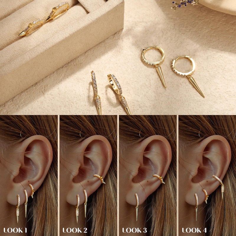 MILACOLATO 925 Sterling Silver Earrings for Women, 14K Gold Plated Small Huggie Earrings Sets for Multiple Piercing Hypoallergenic Jewelry, CZ Hoop Earrings Stacks Trendy Jewelry Gifts, 3 Pairs-Spike - Image 5
