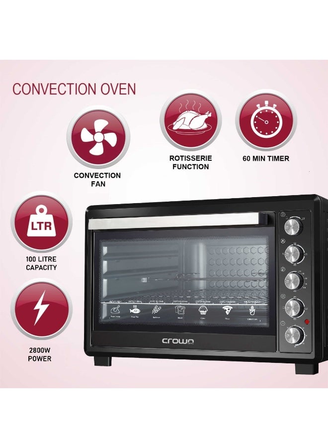 Crownline EO-439 Electric Oven, 100L 2800W, Double Grill & Convection, Rotisserie, Adjustable Thermostat up to 250°C, Glass Door, Anti-Rust Stainless Steel Interior – Black 100 L 2800 W EO-439 black - Image 2