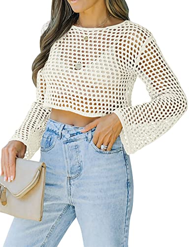 Runcati Womens Fishnet Crochet Crop Top Sexy Long Sleeve See Through Hollow Out Mesh Bikini Cover Ups White - Image 2