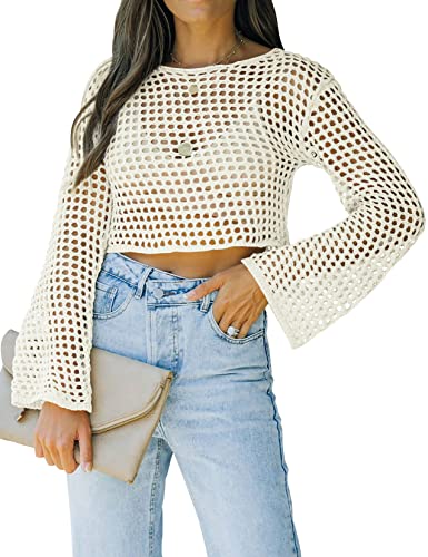 Runcati Womens Fishnet Crochet Crop Top Sexy Long Sleeve See Through Hollow Out Mesh Bikini Cover Ups White - Image 5