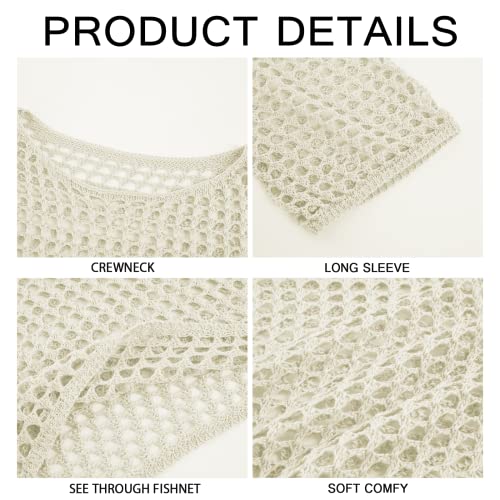 Runcati Womens Fishnet Crochet Crop Top Sexy Long Sleeve See Through Hollow Out Mesh Bikini Cover Ups White - Image 4